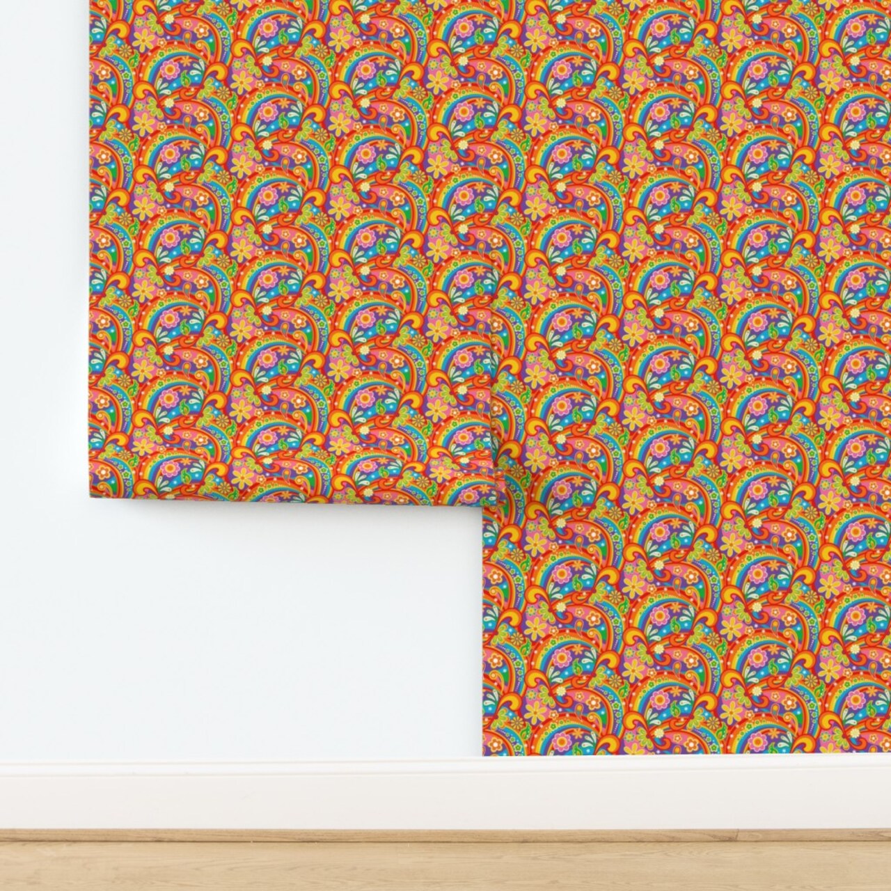 1960S Psychedelic Flower Power Flowers Colorful Rainbows Red Pink Orange Purple Costume Custom Pre-pasted Wallpaper by Spoonflower Pre-Pasted Wallpaper 2FT Wide